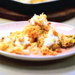 John and Lisa roasted leeks topped with creamy burrata and parmesan crumb recipe on John and Lisa’s Weekend Kitchen