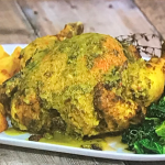 Andi Oliver spiced roast chicken, coconut gravy with lemon and garlic dressed callaloo recipe on Sunday Brunch