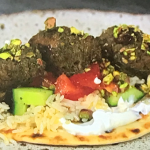 Simon Rimmer lamb kebab with rice, cucumber, tomato and flatbread recipe on Sunday Brunch
