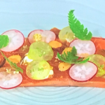 Liam Dillon cured chalk stream trout with gooseberry, radish, smoked almonds and sweet cicely recipe on Sunday Brunch