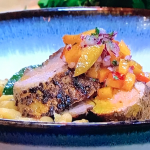 Theo Michaels pork tenderloin with apricot salsa and a white bean cassoulet recipe