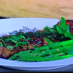 James Martin steak with rice, asparagus, watercress and teriyaki sauce recipe on James Martin’s Saturday Morning