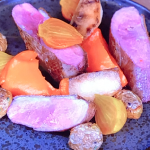 Jason Atherton tea smoked duck breast with roasted veg and carrot puree on Jason Atherton’s Dubai Dishes