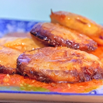 James Martin deep fried crispy aubergine with cider batter, honey and tomato pulp sauce recipe