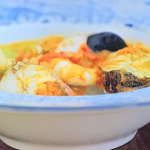 James Martin fish soup with smoked paprika, Sherry, white beans, sea bass, red mullet and clams recipe