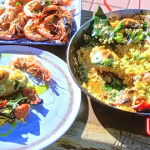 James Martin rabbit paella with chorizo and grilled red Denia shrimps recipe on James Martin’s Spanish Adventure