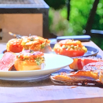 James Martin BBQ steak with stuffed tomatoes, rice and peppers recipe