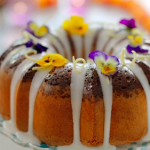 Nadiya Hussain spiced bundt cake with coconut, fennel seeds, candied fruit and edible flowers recipe on Nadiya’s Simple Spices