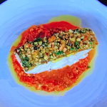 James Martin pan fried cod with toasted almonds, hazelnuts and parsley crust and a Romesco sauce recipe