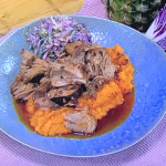 John Whaite pork with pineapple, spicy sprout coleslaw and sweet potato mash recipe on Steph’s Packed Lunch