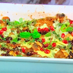 Simon Rimmer hasselback potato bake with toasted walnuts, blue cheese and pomegranate recipe on Sunday Brunch