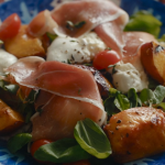 Rick Stein mozzarella with roasted peaches salad and grilled ciabatta recipe on Rick Stein’s Food Stories
