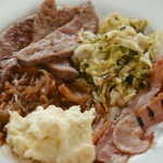 Rick Stein sauteed calves liver with caramelised onions, grilled bacon, cabbage and mashed potatoes recipe