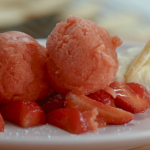 Rick Stein strawberry sorbet with creme Chantilly and long du chat biscuits recipe on Rick Stein’s Food Stories