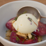 Marcus Wareing bay leaf ice cream, thyme crumble and nectarines with rosemary recipe on Marcus Wareing’s Tales from a Kitchen Garden