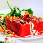 Prue Leith fried watermelon with prosciutto and feta cheese on Prue Leith’s Cotswold Kitchen
