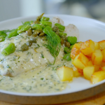 Si and Dave’s poached John Dory with herbs and sparkling wine recipe on The Hairy Bikers Go West