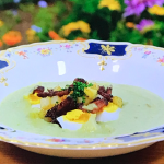 Tom Scoble potato and broad bean soup with bacon and duck egg on Raymond Blanc Royal Kitchen Gardens