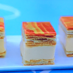 Paul Hollywood custard slices with puff pastry and marbled fondant icing on The Great British Bake Off SU2C