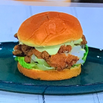 Andi Oliver fried fish cutters burger with escovitch pickle and green seasoning mayonnaise recipe on Sunday Brunch