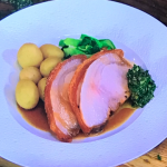 James Martin roasted middle white pork with hispi cabbage, new potatoes and salsa verde recipe