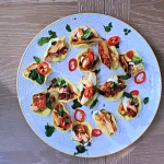 Clare Andrews tandoori chicken canapes with mini poppadoms, pickle, raita and mango chutney on Air Fryers Made Easy