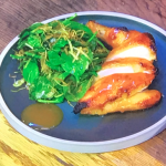James Martin blackened chicken with miso, fried leeks and spinach salad with a yuzu and truffle oil dressing recipe