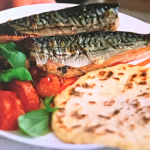 Prue Leith mackerel fillets with slow-roasted tomatoes, strawberries and flatbread recipe on Prue Leith’s Cotswold Kitchen