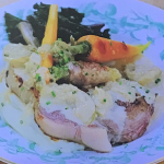 Luke Windebank pork chop in cider and apple sauce with sage mash and vegetables on Raymond Blanc Royal Kitchen Gardens