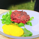 Ainsley Harriott beetroot and carrot patties with horseradish yoghurt recipe on Ainsley’s National Trust Cook Off