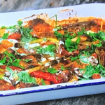Simon Rimmer chicken and halloumi bake with ranch dressing and flatbread recipe on Sunday Brunch