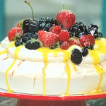 Simon Rimmer coconut pavlova with white chocolate and summer fruits recipe on Sunday Brunch