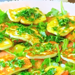 Kate Humble fried halloumi cheese with tomato salad and gremolata recipe on Escape To The Farm