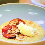 Tom Kerridge rice pudding with baked fruit, toasted almonds and clotted cream on Tom Kerridge Cooks Britain