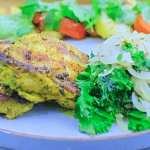 Cyrus’s spicy chicken thighs with seasonal greens and green masala on Ainsley’s National Trust Cook Off