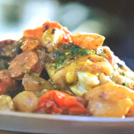 Jamie Oliver crispy chicken with squashed tomatoes traybake recipe on Jamie: What to Eat This Week