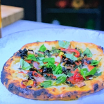 Genevieve Taylor white pizza with Gorgonzola, peppers and chard on Ainsley’s National Trust Cook Off