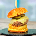 Tom Kerridge crispy fried venison burger with Lyonnaise onions, battered onion rings and mustard mayo recipe on Sunday Brunch