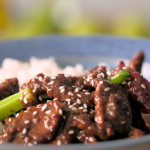 Nadiya Hussain Mongolian beef stir-fry with sticky rice, spring onions and sesame seeds recipe on Nadiya’s Cook Once Eat Twice