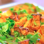 John Torode and Lisa Faulkner miso glaze butternut squash with oyster mushroom and tofu traybake recipe on John and Lisa’s Weekend Kitchen