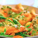 John Torode and Lisa Faulkner roast chicken legs and potatoes with lime and capers traybake recipe on John and Lisa’s Weekend Kitchen