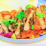 Dermot O’Leary Irish ribeye steak with gin, chilli and coriander, flatbread and a tomato and onion salad on Dermot O’Leary’s Taste of Ireland