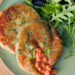 Nadiya Hussain potato cakes with baked beans and cheddar cheese recipe on Nadiya’s Cook Once Eat Twice