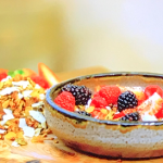 Jason Atherton superfood granola with raspberry ripple vanilla yogurt and fresh berries on Jason Atherton’s Dubai Dishes