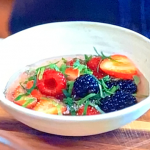 Michel Roux lemon verbena soup with black pepper and berries recipe on Roux Back Down The River