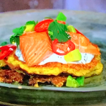 Simon Rimmer Sweetcorn Pancakes with Hot Smoked Salmon recipe on Sunday Brunch