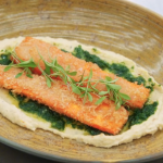 Monica Galetti carrot schnitzel with white bean hummus and zhoug herb sauce recipe on Masterchef The Professionals