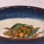 Anna Haugh cauliflower soup with chickpeas, pumpkin seeds, smoked mackerel and cumin seeds recipe on Morning Live