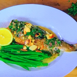 James Martin wood roasted trout with nut brown butter, toasted almonds and French beans recipe