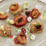 Marcus Wareing Welsh cakes with poached plums, plum syrup and cheese on Masterchef The Professionals